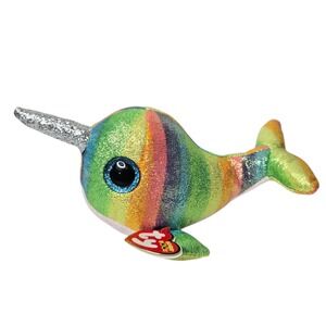 Ty Beanie Boo Nori Narwhal Plush 9" Rainbow Arctic Aquatic Glitter Eyes Toy